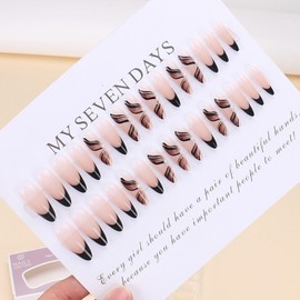 IMRAIN Press on Nails Long Stiletto Fake Nails Black French False Nails Tips Glossy Glue on Nails Full Cover Gel Acrylic Nails for Women Girls 24Pcs