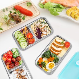 2Pcs Stainless Steel Snack Containers Reusable Snack Container with Lids Double Compartment Food Containers Box for Kids Grab and Go Condiment Lunch Meal Container Prep for Travel School Dinner Office