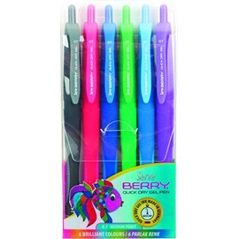 SERVE BRGEL07B6KRA Berry Quick Dry Gel Pen SV 6 Pcs Pet Pouch Quick Dry Gel Ink Mix Colours, black, ruby red, blue, green, dark blue, violet
