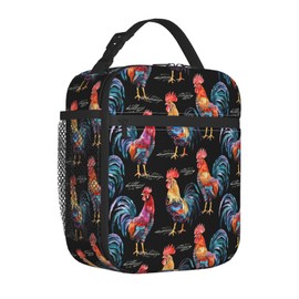 ainori - Lonchera de gallo reutilizable y colorida para niños y mujeres, adultos, bolsa de almuerzo aislada de pollo negro, bolsa de poliéster para la escuela, picnic, trabajo, viajes, playa o