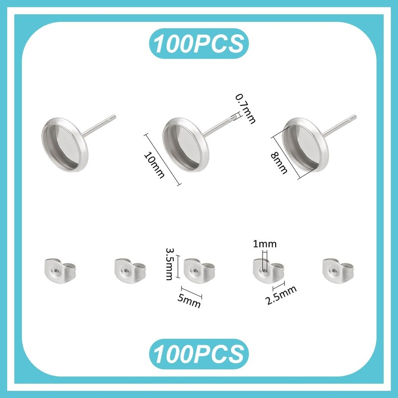 UNICRAFTALE 200pcs Flat Round 304 Stainless Steel Stud Earring Cabochon