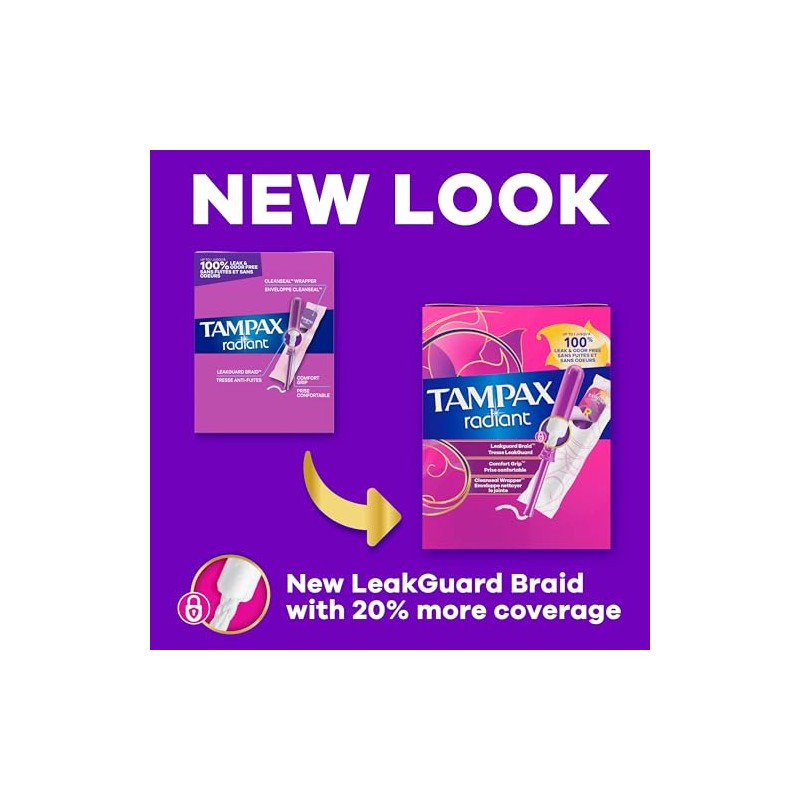 Tampax Radiant Tampons Multipack, with LeakGuard Braid, Light/Regular Absorbency, Unscented,