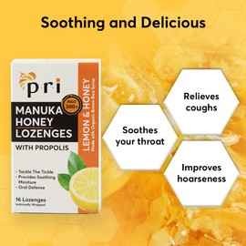 PRI Manuka Honey Lozenges with Propolis, Soothing Cough and Throat Drops, MGO 300+ Certified, (Lemon,  16 Count/2 Pack)
