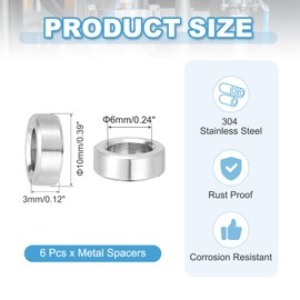 PATIKIL 6 Pcs Stainless Steel Spacers, 6mm ID x 10mm OD x 3mm Height 304 Stainless Steel Bushing Screw Standoff Unthreaded Round Spacer for 1/4" M6 Screws Bolts Nuts