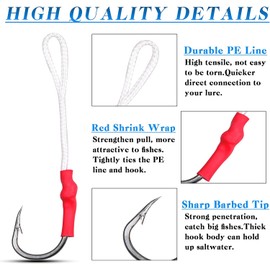 Assist Fishing Hooks 420 Stainless Steel with Red Braided Line Fishhook Baits Fishing Tackle Size 1/0-10/0 (10/0-30pcs)