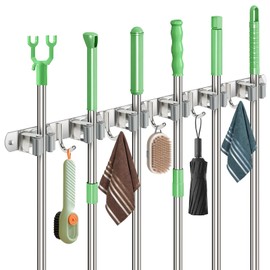 Sampoes Broom Holder Wall, Broom Holder, Stainless Steel, Tool Holder, Wall Mount with 6 Holders and 5 Hooks, Broom Hanging Garden Tool Holder, Broom Mop Holder for Home, Garden, Kitchen, Garage