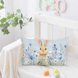 RABUSOFA Easter Bunny Blue Throw Pillow Cover,12x20 Inch Rabbit Poppy Flowers Pillow Case Decoration for Sofa Couch(5-12) (12" x 20" (Pack of 1))
