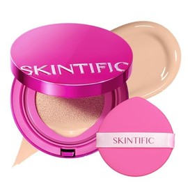 SKINTIFIC Base de Maquillaje Cushion de Alta Cobertura y Acabado Glow - Maquillaje Long-Lasting Hidratante con Péptidos y Ácido Hialurónico - Efecto S