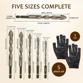 Masonry Drill Bit Set 5 Pcs Carbide Drill Bits, Brocas High Strength Suitable for Glass, Tiles, Bricks, Cement Concrete Plastic Wood, Size 0.19in, 0.23in, 0.31in, 0.39in, 0.47in (with Gloves * 2)