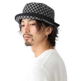 Happy Hat, Plaid Pork Pie Hat, 23.6 inches (60 cm), 22.4 inches (57 cm), Casual, gray (light gray)