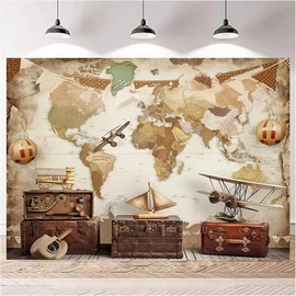 Vintage World Map Photography Background - Adventure Awaits Backdrop - Airplane Travel Kids Party Decor - Baby Shower Party Background (7X5FT)