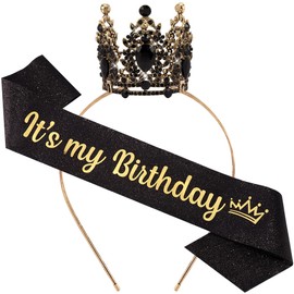 It's My Birthday Sash for Women Tiara & Crowns Headbands for Girls Happy Birthday Party Accessories Favor Supllies Leona Gold Black Pink, 2 Pack