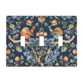 Yamxbfa William Morris Dark Blue Flowers Plant Bird 3 Gang Light Switch Covers Decorative Triple Toggle Wall Plate Cover 3 Hole Electrical Device Switchplate for Bathroom Decor