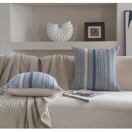 Cethom Boho Throw Pillow Covers 18x18 Inch Set of 2, Farmhouse Decorative Couch Pillow Cases, Blue Accent Pillows of Bed, Sofa Bedroom Living Room Home Decor Cushion Cover