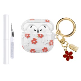 AIIEKZ Compatible with AirPods 4 Case Cover 2024, Soft TPU Case with Cute Flower Pattern for AirPods 4th Generation Case with Flower Keychain and Cleaning Kit for Girls Women (Red)