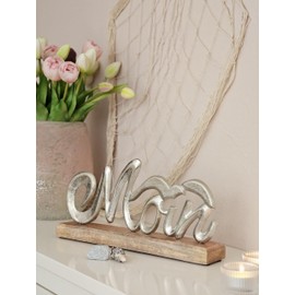 Schriftzug Moin Möwe Dekoschriftzug Mangoholz Aluminium Holz Silber 33x5x16 cm Schild Dekoaufsteller