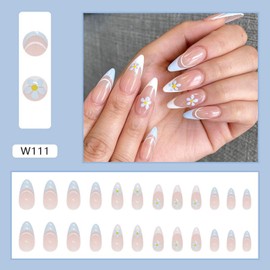 Medium Length Press on Nails, Artificial Acrylic Fake Nails for Women, 24PCS Full Cover Reusable False Nails Kits, White Flowers Nails Design, Glue on Nails Fake Nails