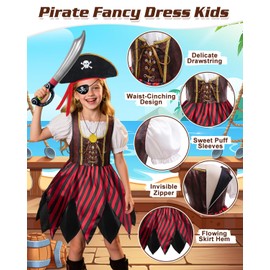 COYBTO Pirate Costume Kids, Pirate Fancy Dress Set with Hat Map Accessories, Girls Pirates Dress Up, Pirates Costume Outfit for World Book Day Cosplay Party Role Play (120 (5-6 Years))