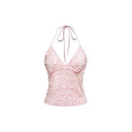 SOLY HUX Women's Y2k Sequin Halter Crop Top Cute 3D Butterfly Glitter Coquette Party Club Tops Plain Pink Large