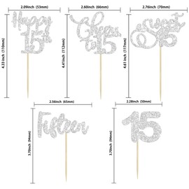 Paquete de 30 adornos para magdalenas de cumpleaños de 15 años con purpurina plateada de quince saludos a 15 años de edad, para decoración de pasteles de feliz cumpleaños de 15 cumpleaños