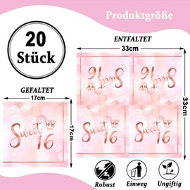 ParPix Pack of 20 Sweet 16th Birthday Decorative Napkins, 33 x 33 cm Napkins Decoration 16th Birthday Girls, Pink Napkins Birthday 16 Years Girls, Sweet 16 Birthday Napkins, 16th Birthday Table