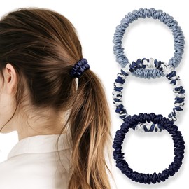 IRIYULI Silk Hair Rubber Set of 3, 100% Natural Silk, Grade 6A, Anti-Friction, Anti-Static, Gentle on Hair, Non-Tracing, High Elasticity, Scrunchy, Stylish, Adult, Women's, Navy Floral,