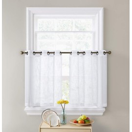 HLC.ME Abbey Faux Linen Textured Semi Sheer Privacy Light Filtering Transparent Grommet Short Thick Cafe Curtain Tiers for Small Windows, Kitchen & Bathroom, Set of 2 (35 W x 2 4 L, White)