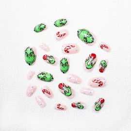 Christmas Press on Nails Medium Almond Fake Nails Winter Green Monster Snowflake False Nails with Xmas Candy Cane Designs Full Cover Acrylic Nails Glitter Christmas Stick on Nails for Women 24 Pcs