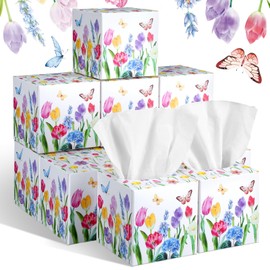 Fourluoo 12 Pack Tulips Facial Tissues Cube Boxes 600 Sheets 3 Ply Small Tulips Floral Face Tissues Bulk for Fall Christmas Spring Car Bedroom Supplies