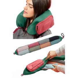 TRAVELLERO Fillable Neck Pillow, Travel Pillow Bag, Neck Pillow Aeroplane, Neck Roll, Travel Essentials, Neck Pillow, Travel Pillow, Aeroplane Neck Pillow, Medium, Green and Coral