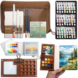 Mini Watercolor Paint Set, Portable Travel Kit with Pocket Painting Palette, 24 Colors, Small Sketchbook, Water Brush Pens & Carrying Case for Art Lovers