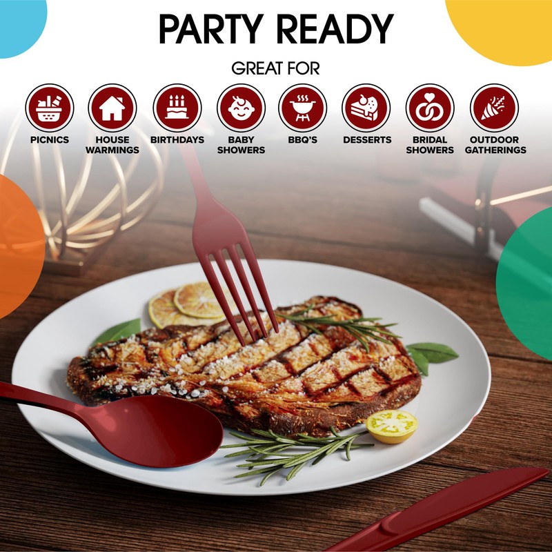 Party Solids Burgundy Plastic Silverware Heavy Duty 150 Pieces Burgundy