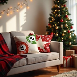 DOFQZ Red and Green Christmas Snowflake Pillow Covers 18x18, Winter Christmas Lucky 8 Ball Star Decorative Throw Pillow Covers for Home Bedroom Living Room, Set of 2