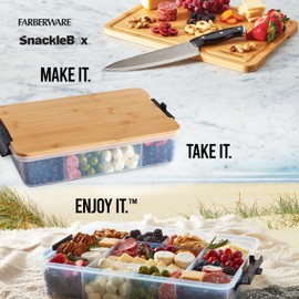 Farberware Build Snacklebox Serving Tray with Locking Bamboo Cutting Board Lid, Portable Storage Container with Compartments for Charcuterie, and More, Natural