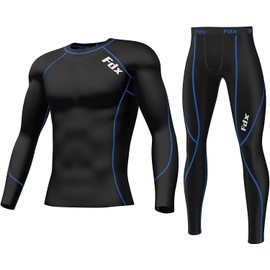 FDX Mens Compression Armour Base Layer Top Skin Fit Shirt, Leggings Set (Thermolinx Blue (Set)-XL)