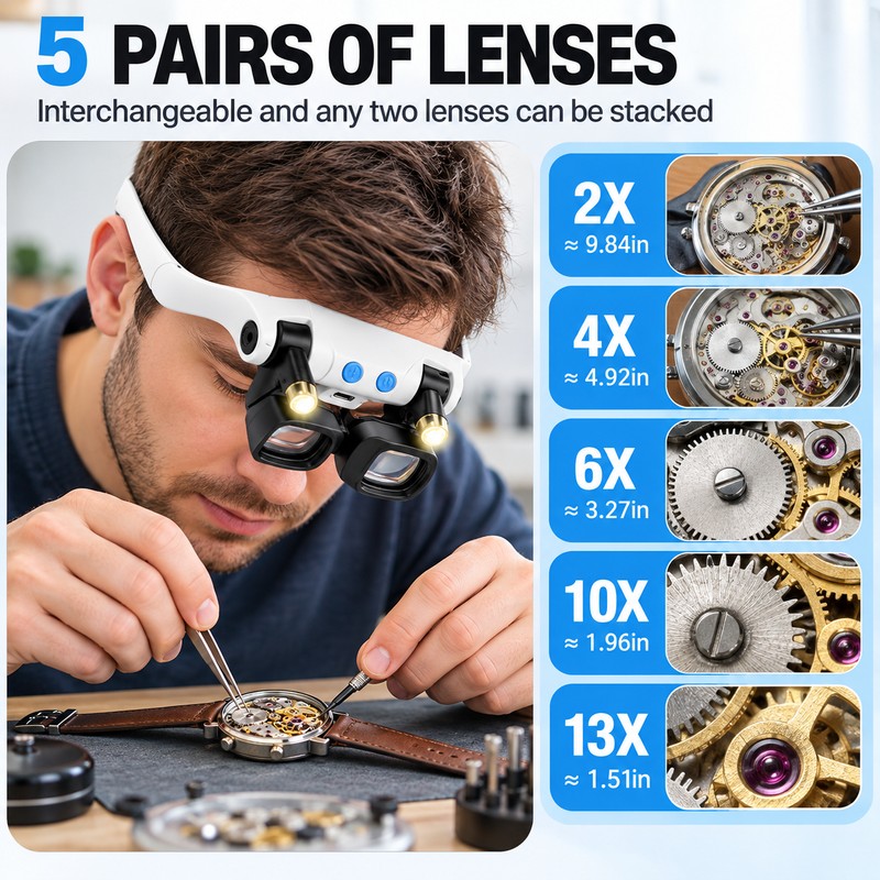 Head-Mounted LED Magnifying Glass for Precision Work – Hands-Free Design