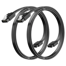 SATA Cable III 0.6FT (2-Pack), 7-Pin Straight Angle Connector, 6Gbps SATA Data Cord with Locking Latch, Compatible with HDD, SDD, CD Driver, CD Writer, 18 Inch, Black Cable