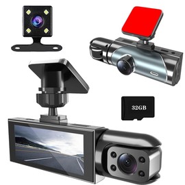 WAVANCKY 3 Channel Dash Cam Front and Rear Inside for Cars, Full UHD Car Camera Front Rear with 32GB Card, Car Camera with IR Night Vision, 170°Wide Angle, G-Sensor, 24H Recording, Loop Recording