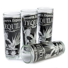 Handcrafted Mexican Shot Glass Set (4 pc) w/Repousse Aluminum Plaque (Jimador)