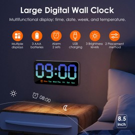 NIHUIFDPY 8.5 Inch Large Digital Wall Clock, LED Alarm Clock with Date Week Temperature Double Alarm 3 Levels Brightness Adjustable Wall Clock for Living Room Bedroom Classroom Kitchen Office(Blue)