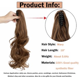 QAUARUMSUN Claw Clip Ponytail Extension 18" Clip in Wavy Ponytail Hair Extensions Long Pony Tails for Women Extensions Light Chestnut Brown Wave Hairpiece(Light Brown)