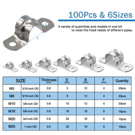 BESTYCHAO 100 Pieces Pipe Band Clamps Assortment Kit, 304 Stainless Steel U-Bracket Tube Belt Saddle Clips, M5 M8 M10 M16 M20 M25 Two Holes Pipe Band Tension Clips