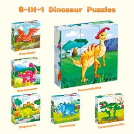 Japace Wooden Jigsaw Puzzles for Toddlers, 6 In 1 Dinosaur Puzzle 3D Wooden Cube Block Toys Montessori Educational toys for Kids 1 2 3 4 Years Old Dinosaur Toys for Boys and Girls