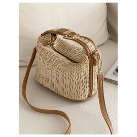 SweatyRocks Women's Straw Crossbody Bags Top Handle Summer Woven Mini Shoulder Bag, Apricot, One Size, Soft