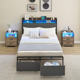 Full Size Bed Frame with Storage Headboard Led Lights Charging Station, Upholstered Queen Platform Bed Frames with 2 Drawers, Noise Free, No Box Spring Needed, Easy Assembly,Brown Headboard