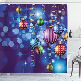 ABAKUHAUS Christmas Shower Curtain, Happy New Year Party, Fabric Fabric Bathroom Decoration Set with Hooks, 175 x 200 cm, Multicoloured Indigo
