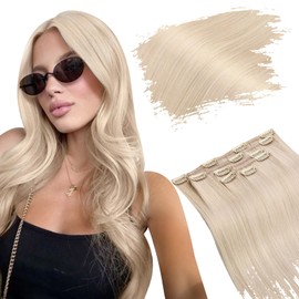 Ugeat Clip in Hair Extensions Blonde Hair Extensions Clip Ins Platinum Blonde Thick Full Real Human Hair Extensions Clip Ins 12Inch Platinum Blonde Human Hair Extensions for Women 85g 5pcs