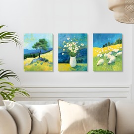 WLHARTT Vincent Van Gogh Wheat Field With Pine Sheep Wall Art Impressionist Nature Style Oil Painting Wall Decor Fresh Landscape Field Canvas Prints for Living Room Bedroom Framed 16"x24" Set of 3
