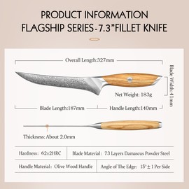 HEZHEN Damascus Fillet Knife 7.3 Inch, Slightly Flexible Blade, Full Tang Boning Knife, Damascus Kitchen Knife Fishing Filleting Carving