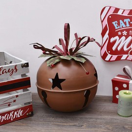 Large Christmas Jingle Bell Decoration, 8.5 X 8.5 Inch Rustic Red Jingle Bell Hanging Christmas Tree Bell Ornament Metal Star Cutout Xmas Holiday Decor, Party and Festival Decoration (Bell A)
